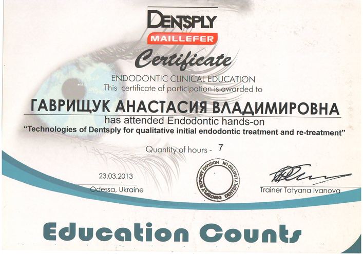 Сертифікат Dentsply Maillefer, 2013