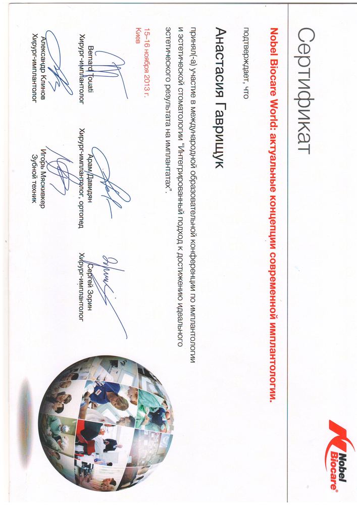 Сертифікат Nobel Biocare World, 2013