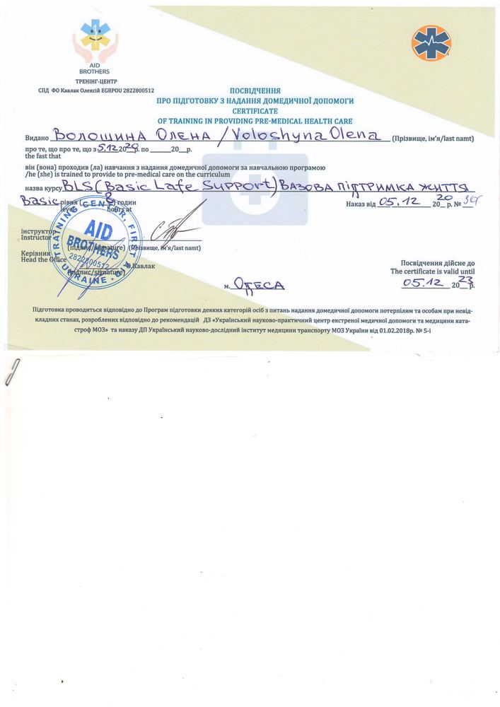Сертифікат AID Brothers, BLS, 2019
